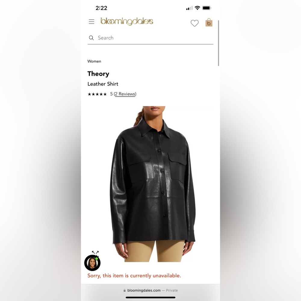 Theory Leather Shacket- brand new, never worn, with tags